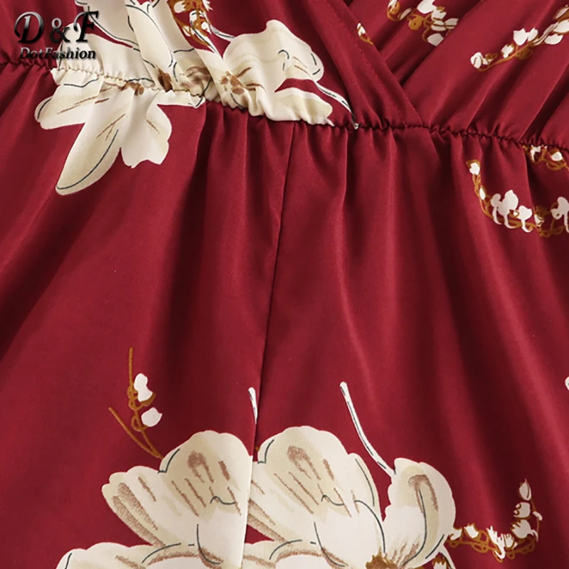 Dotfashion бордовый цветочный принт эластичный пояс Cami Romper для женщин Лето Boho Спагетти ремень свободный высокий приталенный легкий костюм с шортами