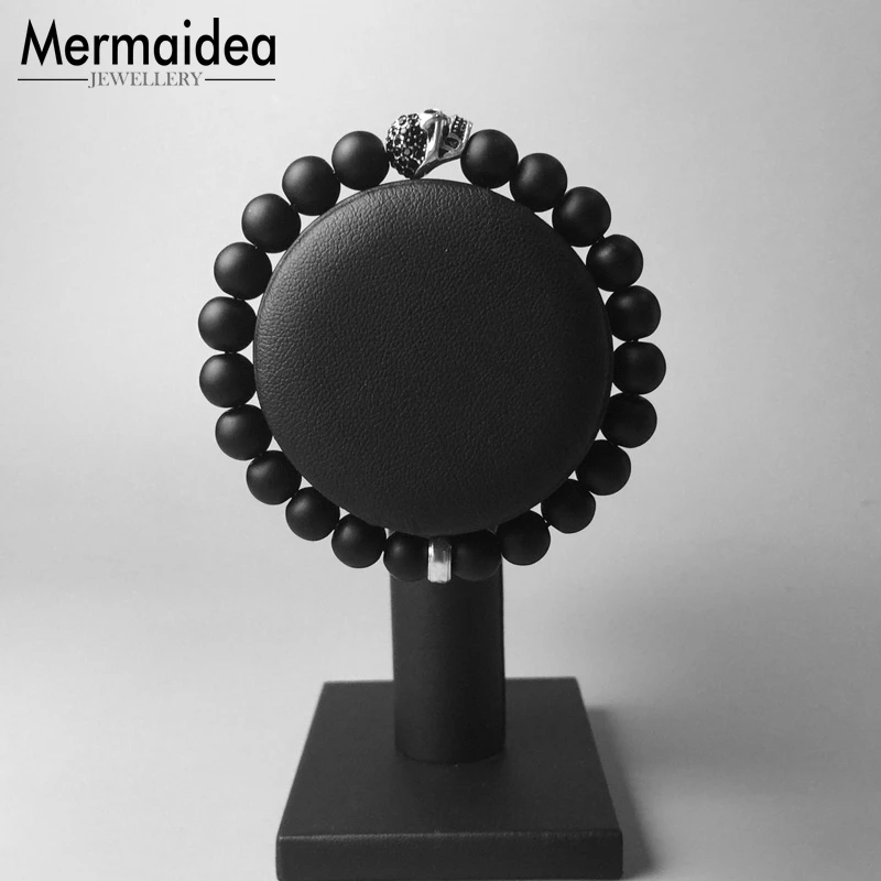 Мужской браслет с черепом 8 мм обсидиана новинка посеребренный Модная бижутерия