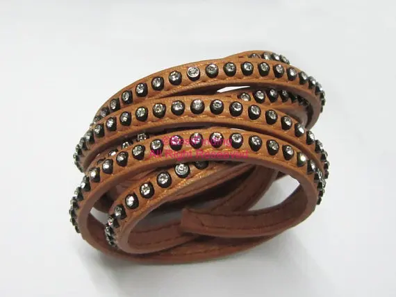 

6x2mm Flat rhinestone leather cord Sand 6mm flat leather cord with rhinestone