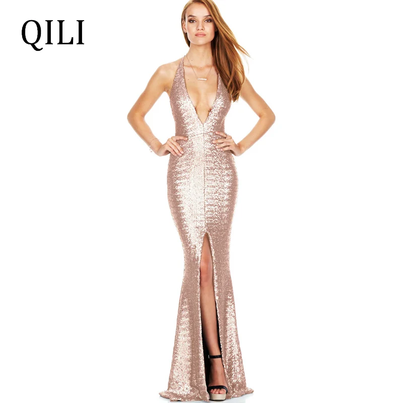 

QILI Evening Party Sequin Dress For Women Boho Style V neck Strap Backless Split Trumpet Long Dresses Gold Black Flash Dress