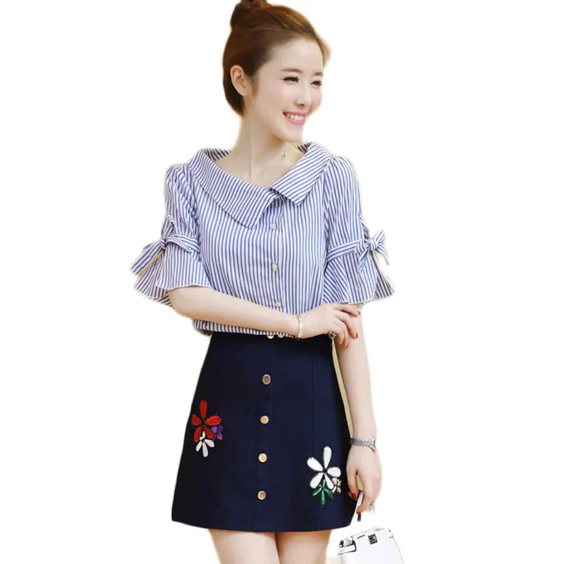 

A Woman Blouse Skirt Outfit Korea Fashion New Stripe Top Shirt Floral Skirt Two-Piece Clothing Set Vestidos Brand Size S-XL