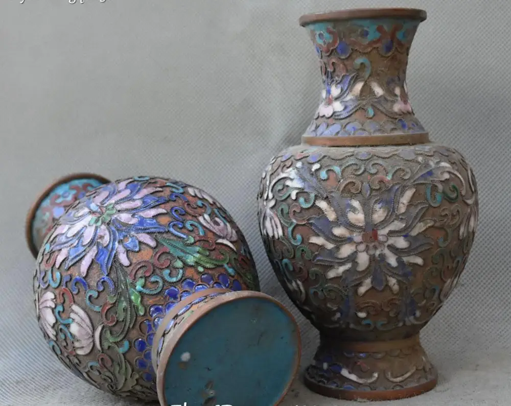 15CM China Cloisonne Bronze Carving Lotus Flower Bottle Vase Flask Pot Jar Pair | Дом и сад