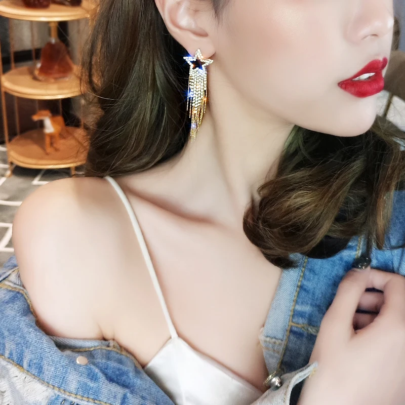 

DREJEW Luxury Long Tassel Star Rhinestone Statement Earrings Korean Gold Silver 925 Drop Earrings for Women Wedding Jewelry E790