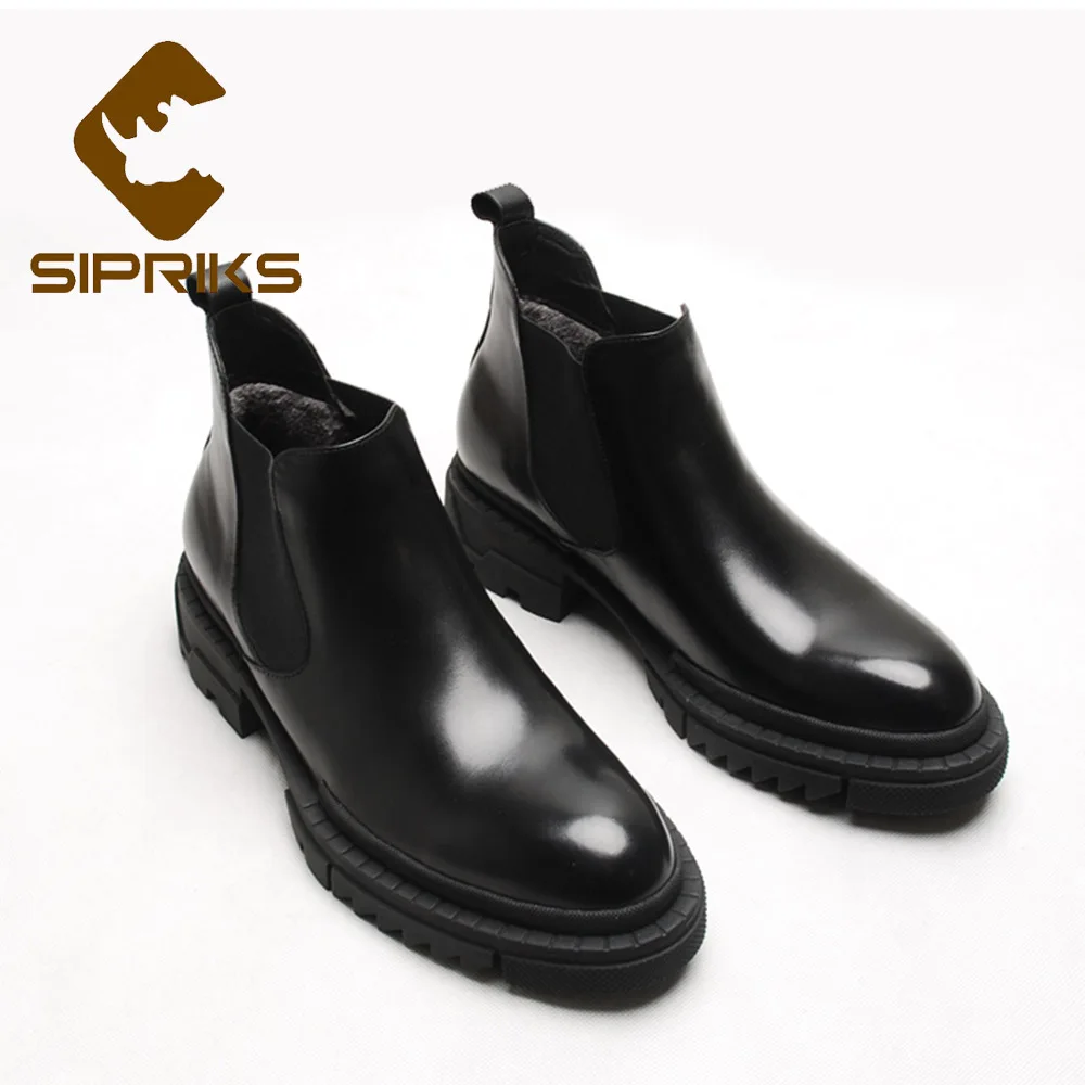Sipriks мужские черные кожаные ботинки челси с коротким плюшем зимние сохраняющие