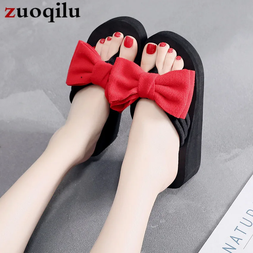 Женские сандалии на платформе с бантом пляжные шлепанцы цветочные летняя