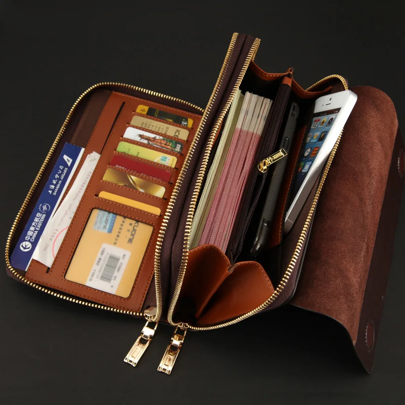 Мужской длинный клатч из коровьей спилковой кожи с двойной молнией|man clutch purse|brand