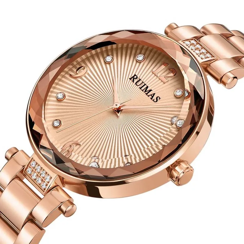 Женские Металлические кварцевые часы Ruimas наручные цвета розового золота женские