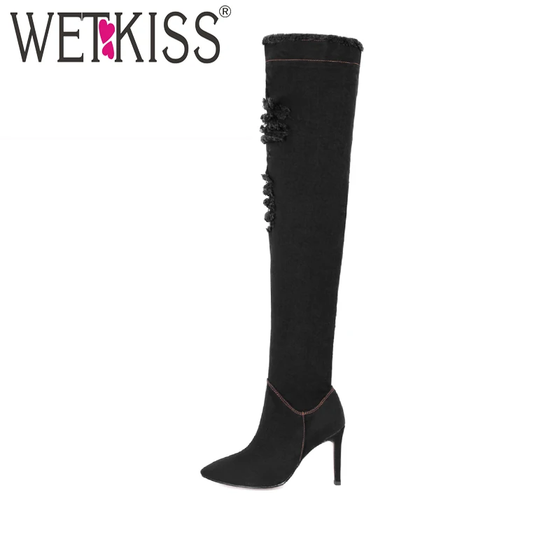 Новинка 2018 джинсовые ботфорты брендовые дизайнерские осенние сапоги женская