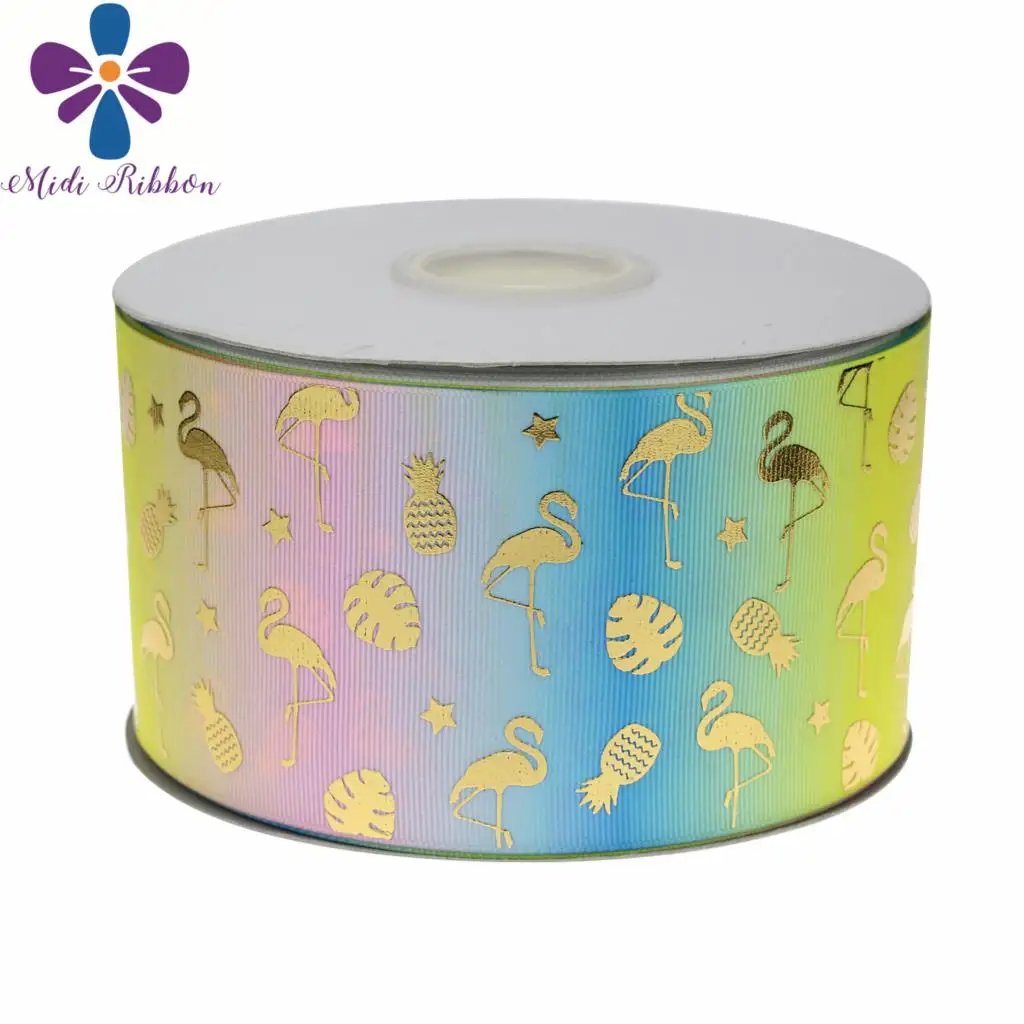 3 &quot75 мм Симпатичные Фламинго звезда листья в радужную полоску печатных Grosgrain