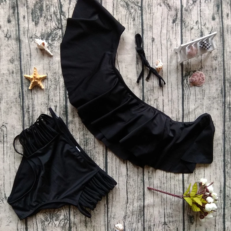 2018 бикини с открытыми плечами купальники женские оборки бандо Высокая талия Низ