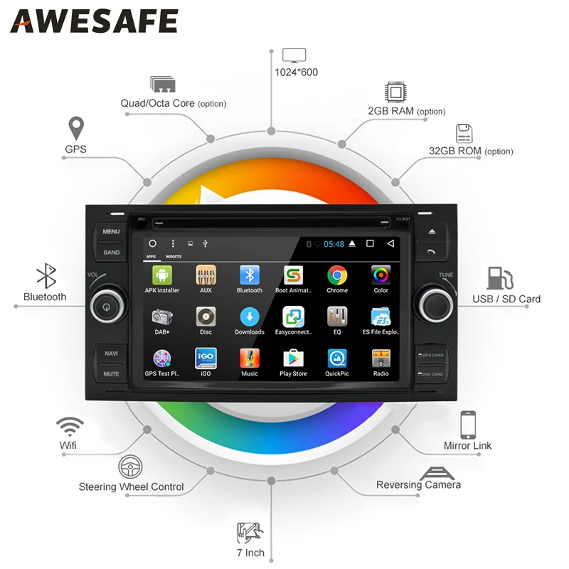 Awesafe 2 DIN android-автомобильный dvd мультимедийный плеер для Ford Focus 2005 2006 2007 с GPS