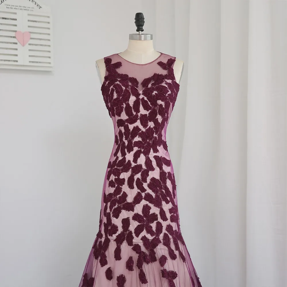 

Wine Red Evening Dresses Mermaid Tulle Appliques Lace See Through Long Evening Gown Prom Dress Prom Gown