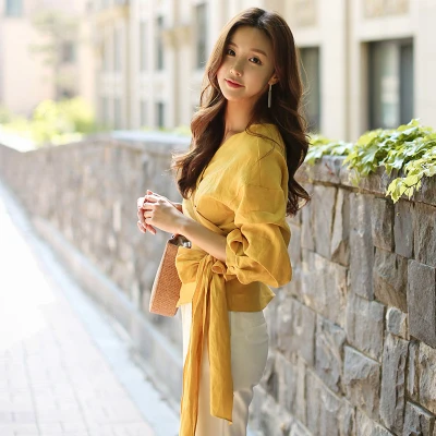 Женская Повседневная Блузка SMTHMA золотистая блузка с рукавами фонариками и