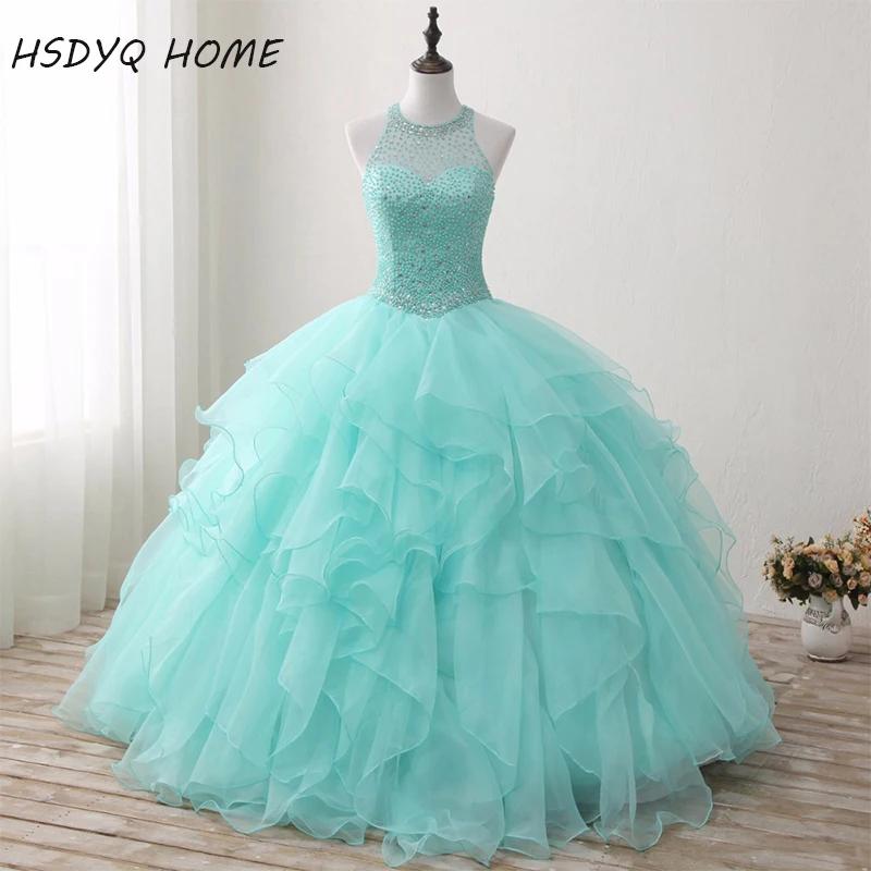 

beading Quinceanera Dresses Halter Ball Gowns Organza Quinceanera dress Floor-Length Sleeveless Vestidos De 15 Anos