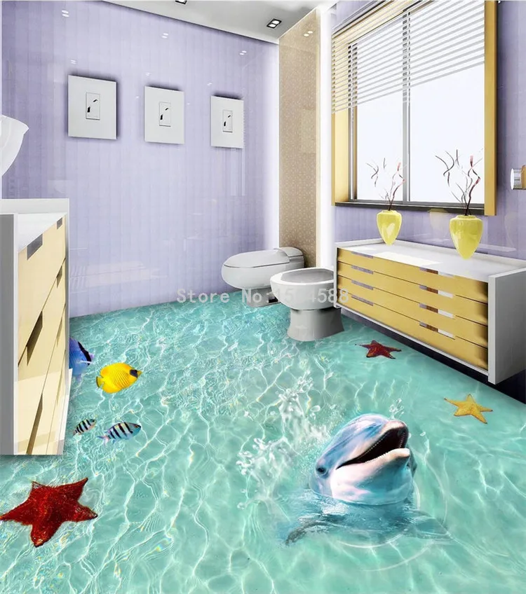 Настенная бумага на заказ, 3D, морской пляж, дельфин, 3D Рисунок пола, плитка, наклейка, ПВХ, самоклеющаяся, водонепроницаемая, настенная бумага для ванной, 3 D