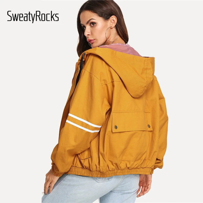 SweatyRocks полосатая контрастная ветровка на молнии с капюшоном и завязками Женская одежда для активного отдыха повседневные пальто и куртки