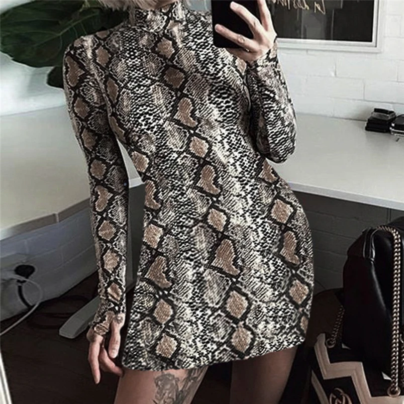Женское Короткое платье со змеиным принтом с длинным рукавом|Женские платья| |