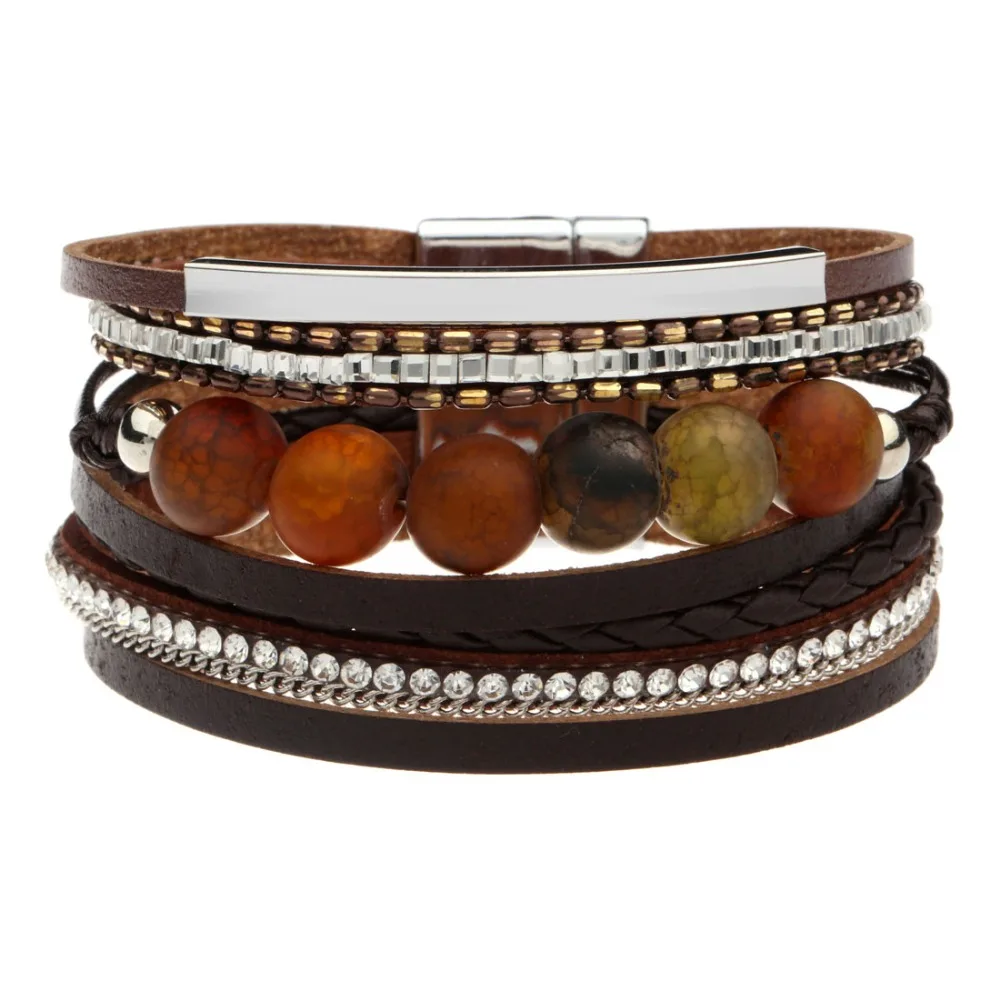 Роскошный браслет с кристаллами и бусинами для женщин женский из плетеной кожи