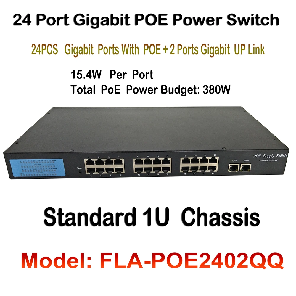 24ch Ports Gigabit PoE Switch 380W 48V 802.3af 1000Mbps-RJ45 ports Supports port auto-flip 1U Chassis for Network IP Cameras