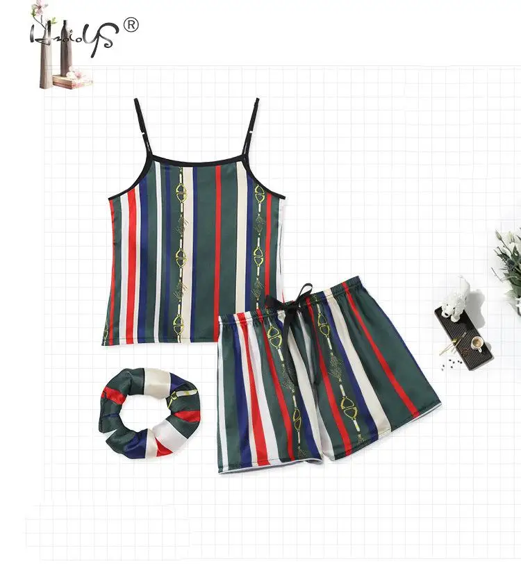 Stripe Printing Women's 7 Pieces Pajamas Sets Emulation Silk Satin Pajamas Women Sleepwear Sets Spring Summer Autumn Homewear