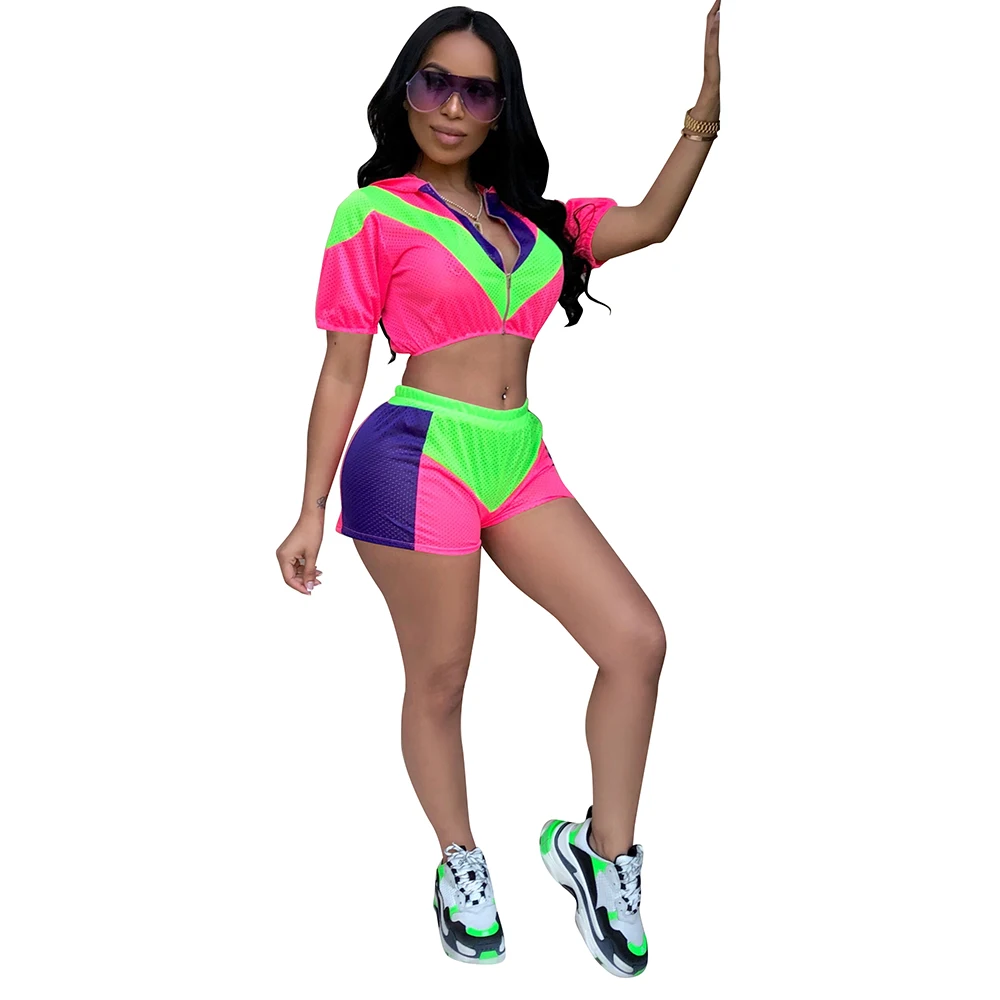 Многоцветный лоскутный спортивный женский костюм из 2 предметов короткий рукав