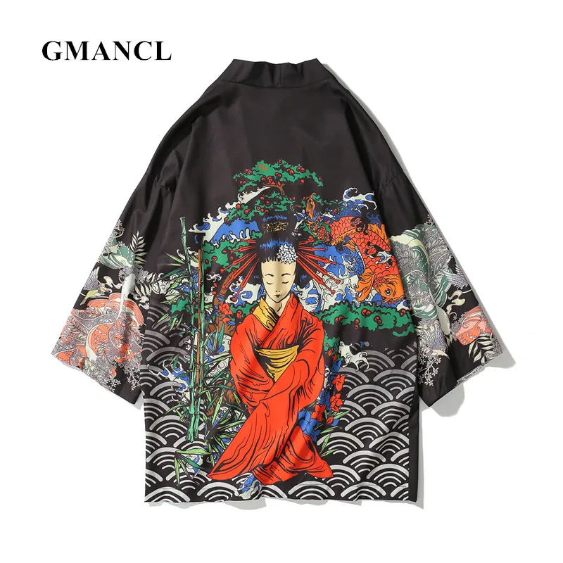 

Japanese Ukiyo geisha Printed Kimono Cardigan Jackets 2019 Spring summer Men Harajuku Japan Style Casual Streetwear Outwear Coat