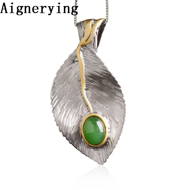 

S925 silver Certificate Green Natural Jade Leaf Pendant Necklaces Para Vintage for Women Necklace Bijou Gift Box