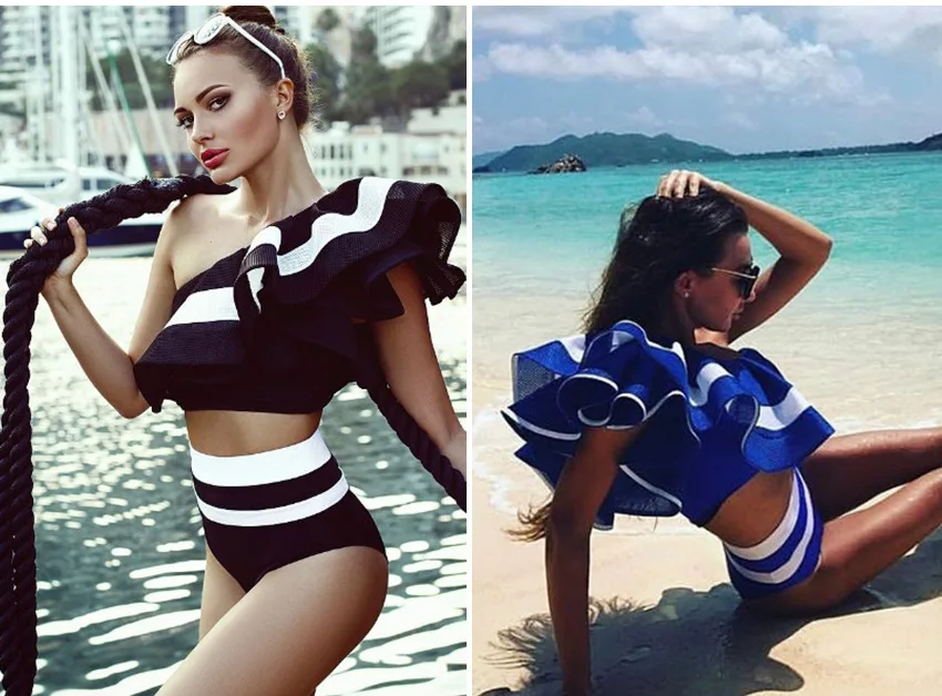 2019 хит продаж купальный костюм с оборками на одно плечо боди черное белое