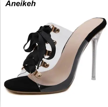 Black Aneikeh/ г. Модные женские шлепанцы из ПВХ прозрачная обувь с круглым носком шлепанцы на шнуровке Без застежки на тонком каблуке, цвет черный, абрикосовый, PU искусственная кожа, Размеры 35-42 - Цвет: Black