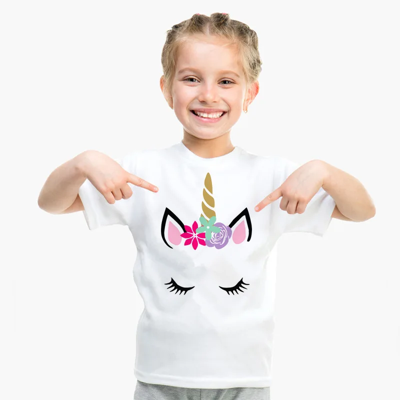 

Children's Unicorn Funny Printing Tee Shirts Boy and Girl Summer Short Sleeve T-shirts Kid's Casual Tops Tees White Girl Clothes