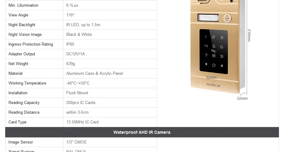 HOMSECUR " AHD видео и аудио домашняя Интерком RFID карта доступа CCTV камера в комплекте для домашней безопасности BC071HD-G+ BM715HD-G