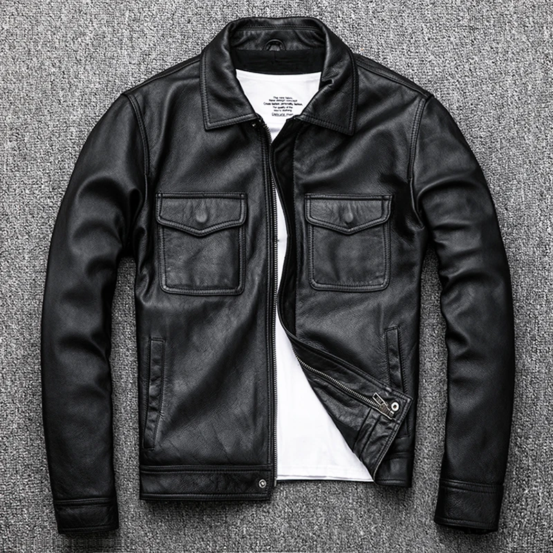 

2020 Black Genuine Cow Leather Jacket Men Motorcycle Cowhide Real Leather Short Slim Biker Coat Casual Bomber Flight Jacket Male