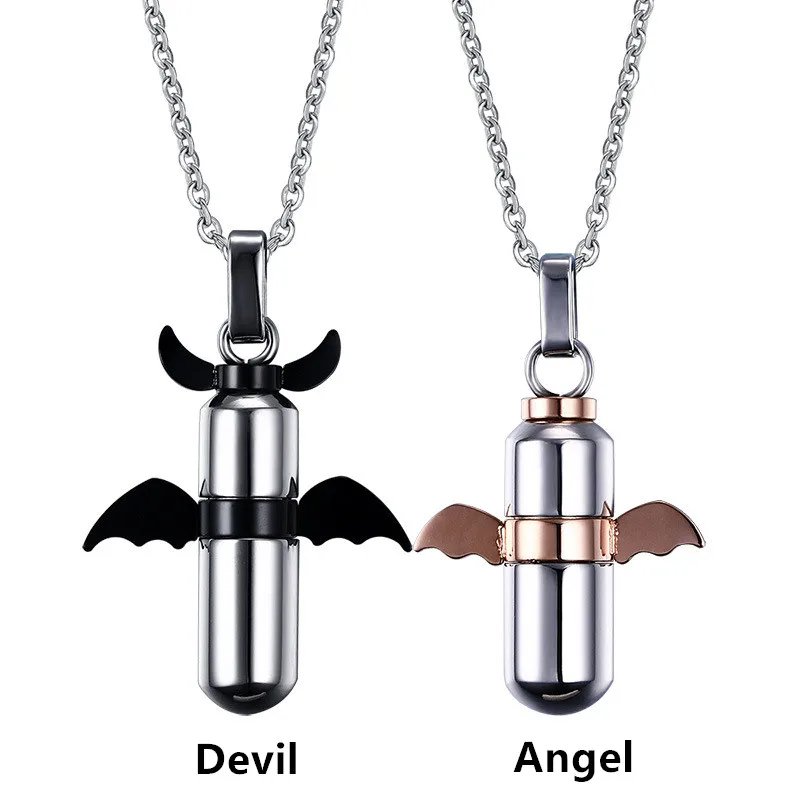 Милая пара ангелов демонов капсулы подвеска из нержавеющей стали ожерелье для
