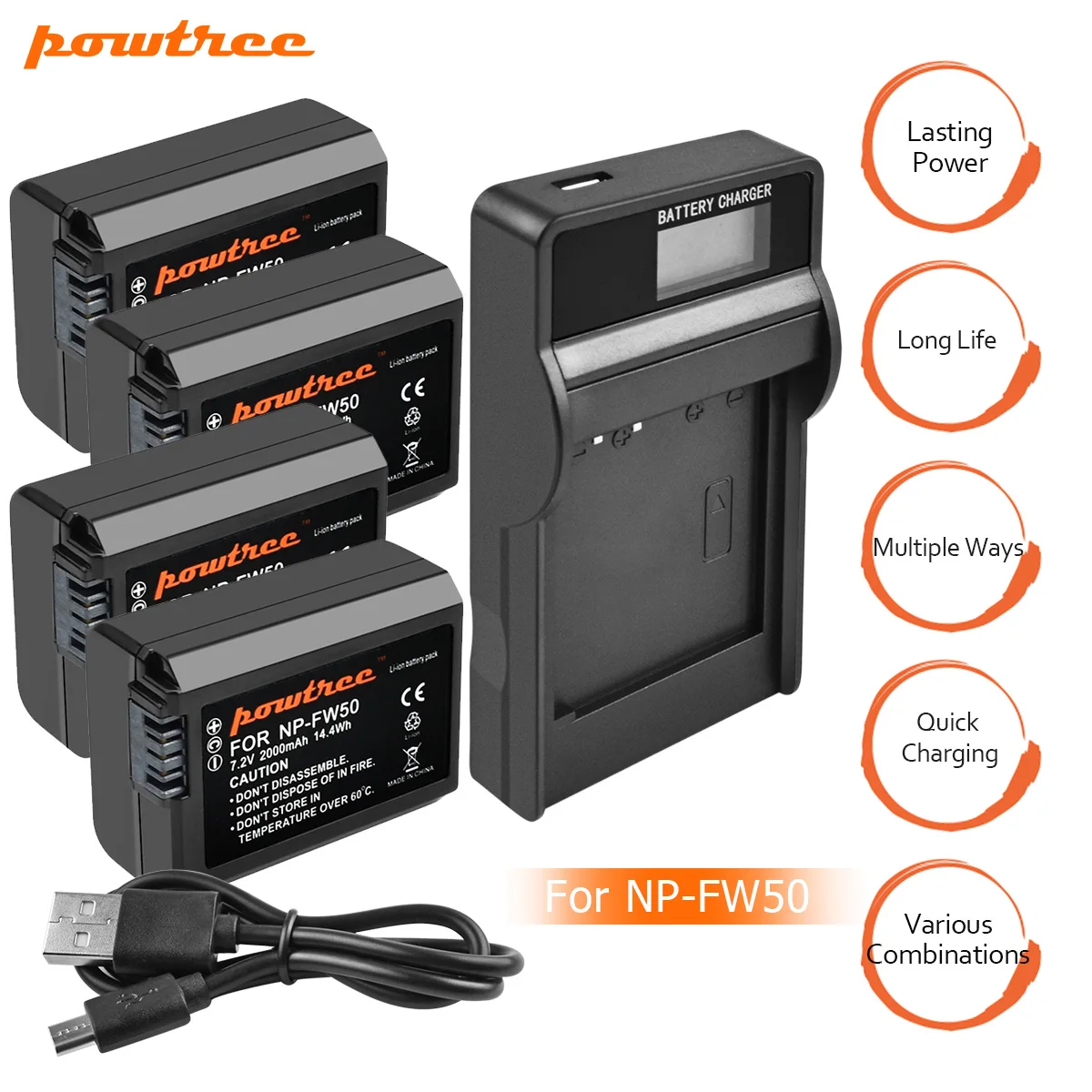 4XBattery LCDCharger Powtree для sony 2000 мА/ч, NP-FW50 NP FW50 NPFW50 Камера Батарея+ ЖК-дисплей Зарядное устройство ДЛЯ Alpha a3000 a5000 a6000 a6300 a6500 NEX-3 L20 - Цвет: 4XBattery LCDCharger