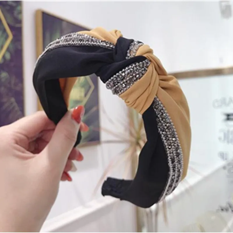 

Women Hair Accessories Crystal Chains Decorated Wide Hair Headband Knotted Center Adults Bow Headband Color Blocking Hairband