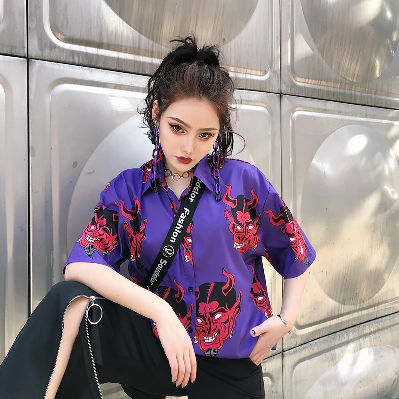 Harajuku мода мультфильм печати Для женщин рубашка Ретро хлопковые свободные