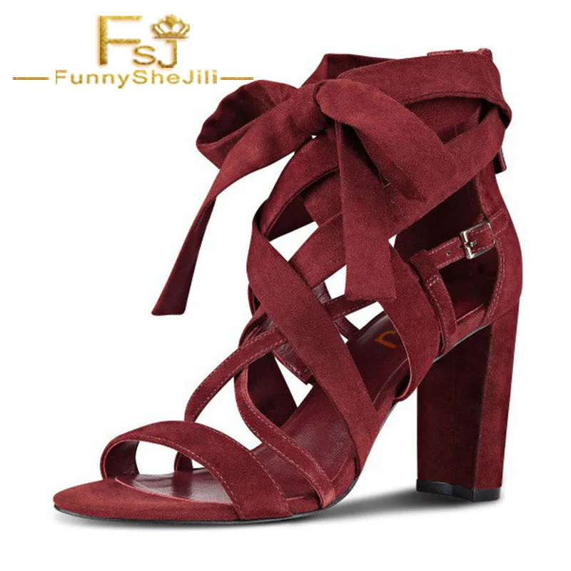 

Burgundy Butterfly Knot Suede Chunky High Heel Strappy Sandals Ladies Summer Open Toe Buckle Women Dress Work Shoes Noble FSJ 41