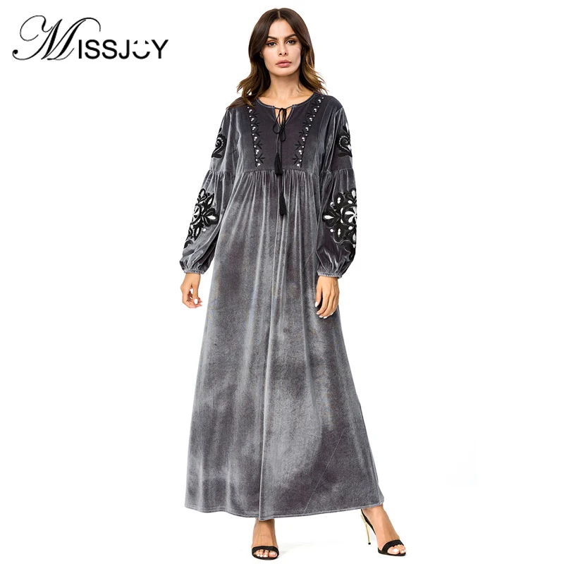 Женское бархатное платье MISSJOY серое с длинным рукавом v образным вырезом и