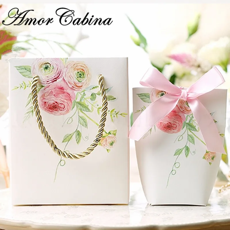 

30pcs Wedding party creative pink floral printing candy box packaging bag with handle packaging jewelry Christmas gift bag