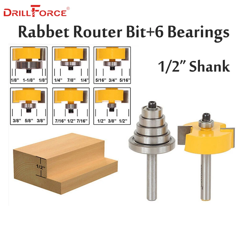 

rillforce Rabbet Router Bits Cemented Carbide 1/2" Shank with 6 Adjustable Bearings Rabbetting Bit Wood Woodworking Tool Set