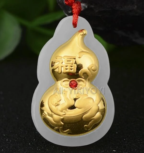 Beautiful Natural White Hetian Jade + 18K Solid Gold Inlaid Chinese Cucurbit Design Lucky Pendant Free Necklace Fine Jewelry | Украшения и