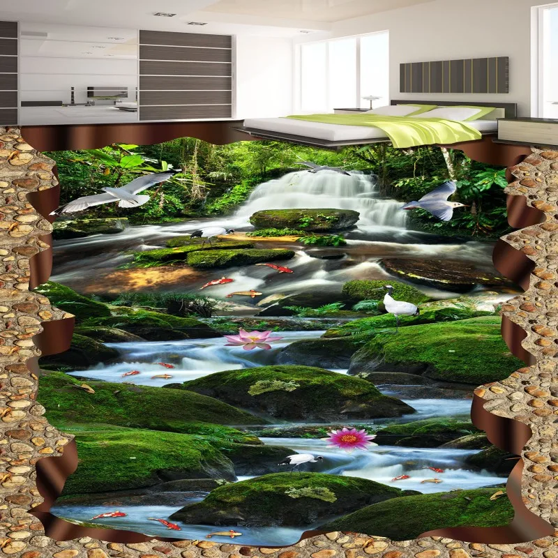 

Free Shipping huge 3D Waterfall Green Tree Creek Carp flooring painting wallpaper self-adhesive thicken floor mural