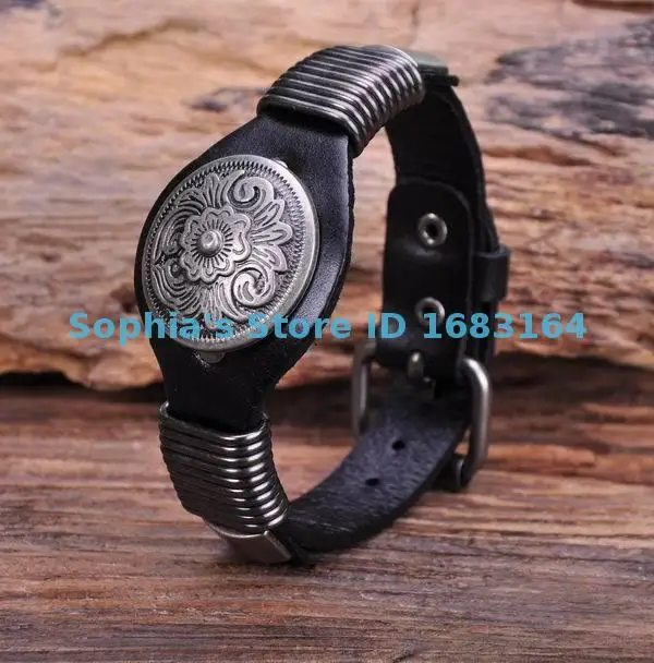 S542 Черная байкерская винтажная Цветочная Шипованная Мужская кожа наручный