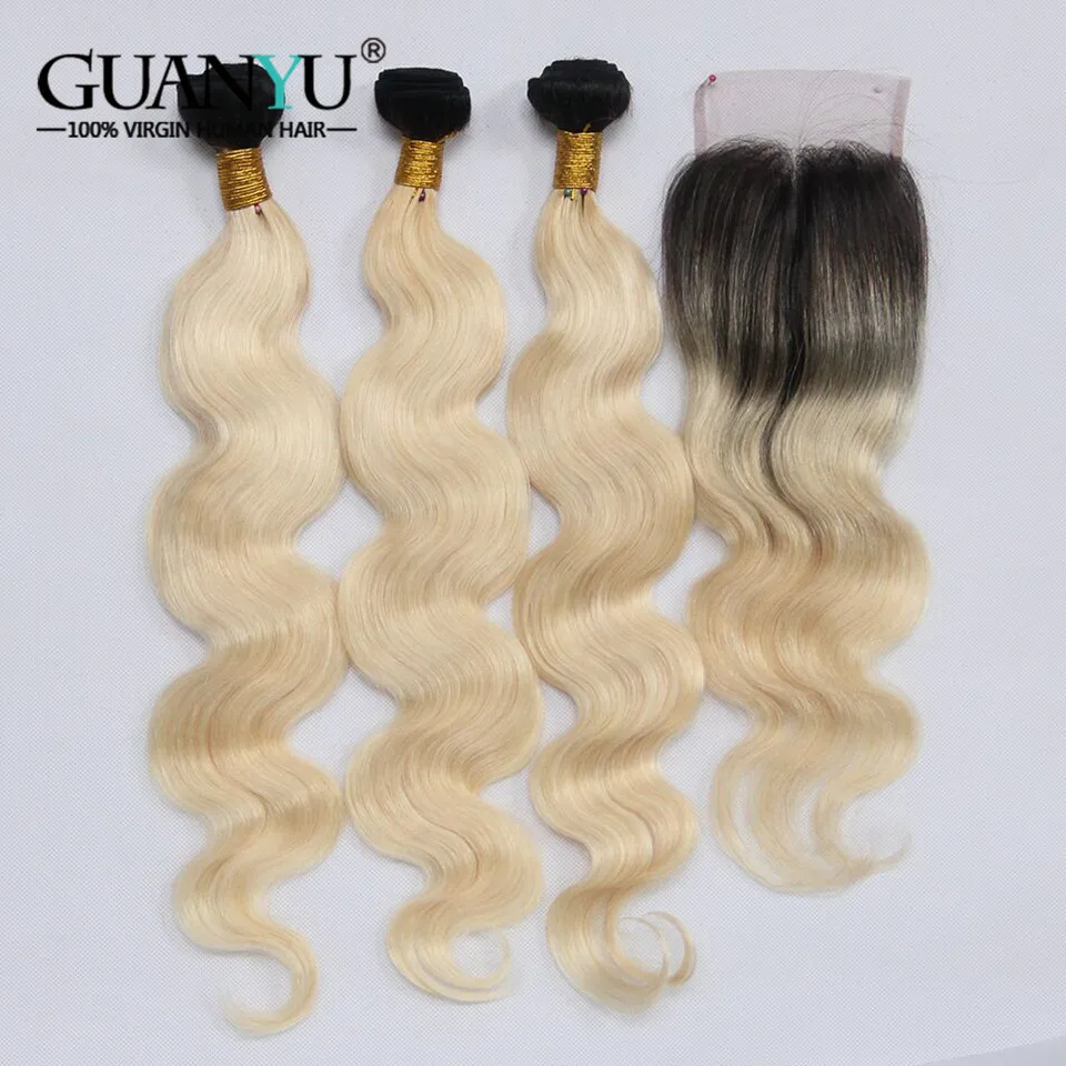 Guanyuhair Remy 1B/613 Ombre бразильской Волне Тела Пучки волос с закрытием 2 тон Черный Блондинки натуральные волосы утка с темные корни