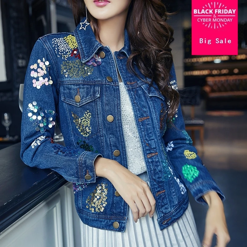 Женская джинсовая куртка свободная короткая ковбойская с блестками и вышивкой