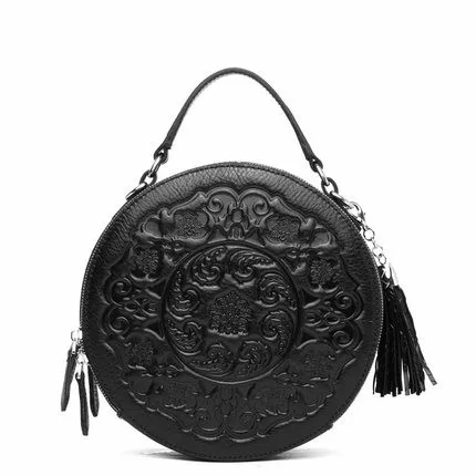 2019 Circular Genuine Leather Bags For Women Bolsa Feminina Vintage Embossed Shoulder Ladies Crossbody Handbag LXK061 | Багаж и сумки