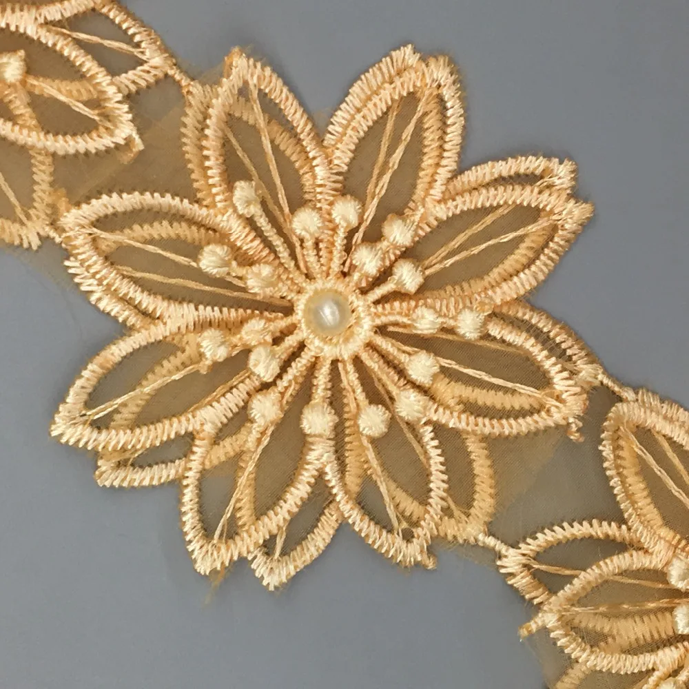 10 шт. золотистые хлопковые жемчужные цветы 3D вышитая кружевная отделка лента