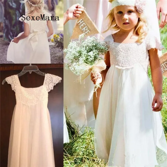 Boho White Ivory Lace Chiffon Flower Girl Dresses with Cap Sleeves Kids Clothes with Sash First Communion Gown