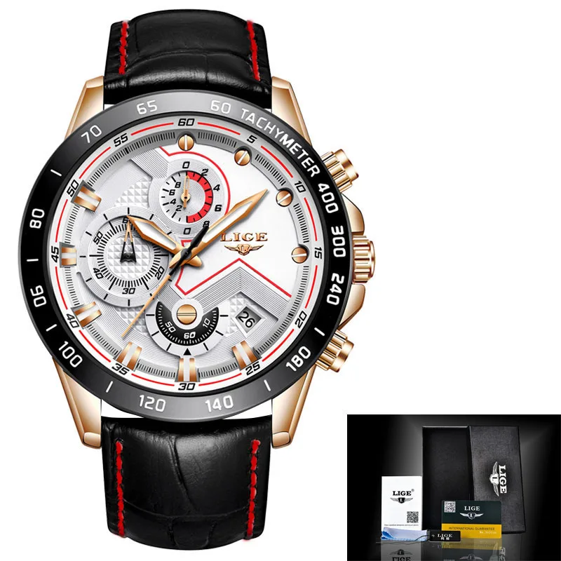 rose gold white Relogio Masculino LIGE мужские часы Топ люксовый бренд Кварцевые Золотые часы мужские модные кожаные военные водонепроницаемые спортивные наручные часы - Цвет: rose gold white