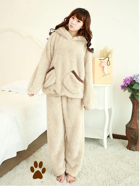 beige Queenral, зимняя Пижама, набор, женская ночная рубашка, коралловый флис, длинный рукав, с капюшоном, домашняя одежда, теплая, мягкая, для сна, Mujer - Цвет: beige